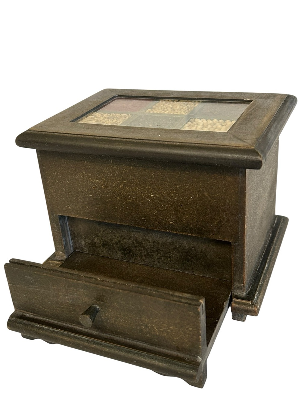 Vintage Wooden Seed Mosaic Recipe Box with Pull-Out Card Holder Drawer